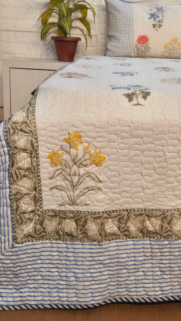 Floral Artsy - Hand Blocked Quilted Bedcover