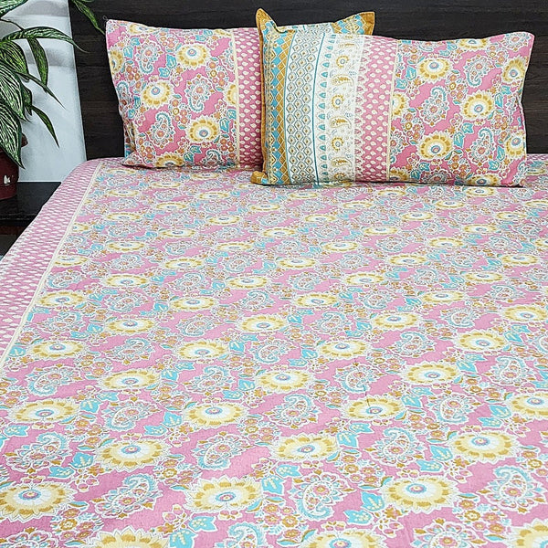 Pink and Yellow Abstract Print Cotton Bedsheet
