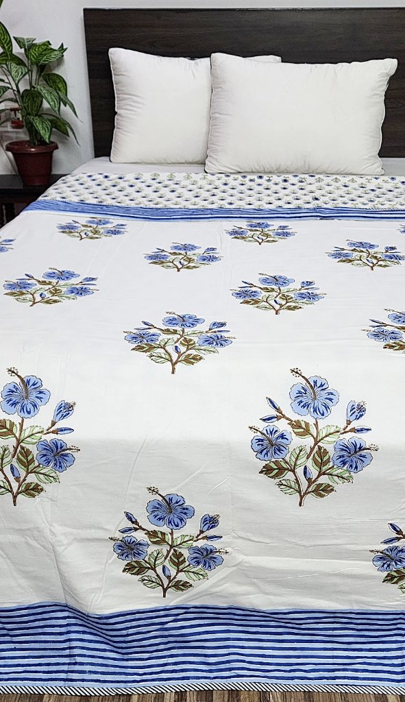 Blue Floral Print Double Hand Blocked Dohar