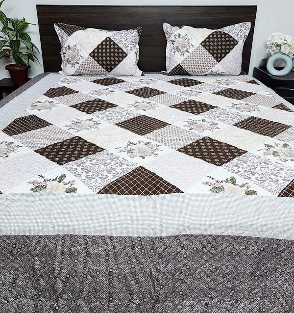 Brown Patchwork Print Quilted Bedcover