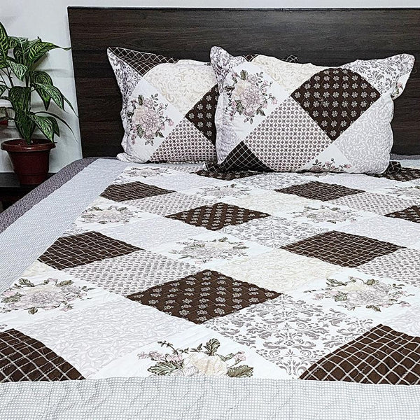 Brown Patchwork Print Quilted Bedcover