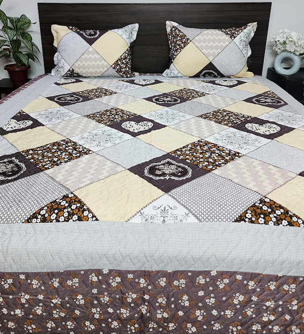 Brown Shade Patchwork Print Quilted Bedcover