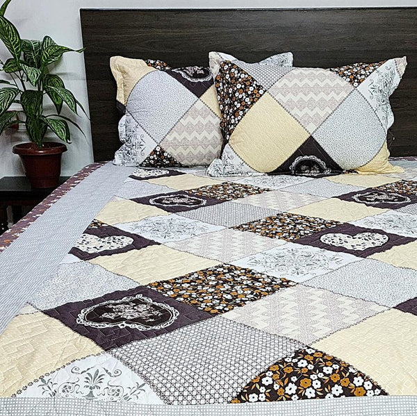 Brown Shade Patchwork Print Quilted Bedcover