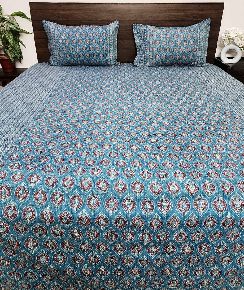 Blue and Red Floral Ajrakh Bedsheet