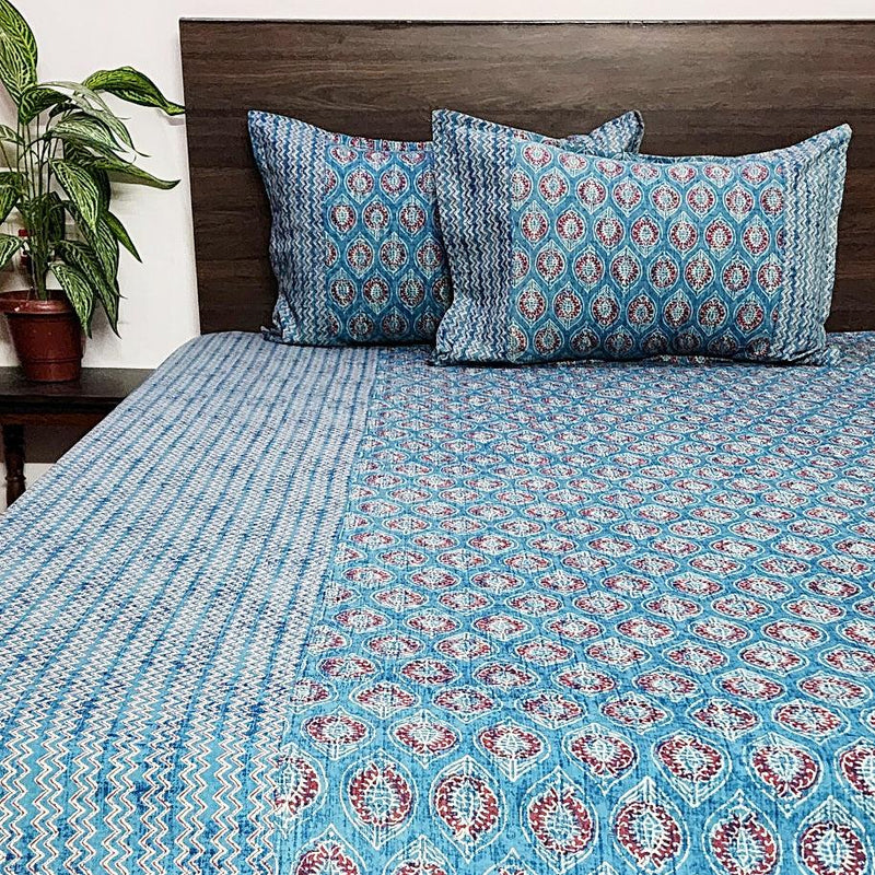 Blue and Red Floral Ajrakh Bedsheet