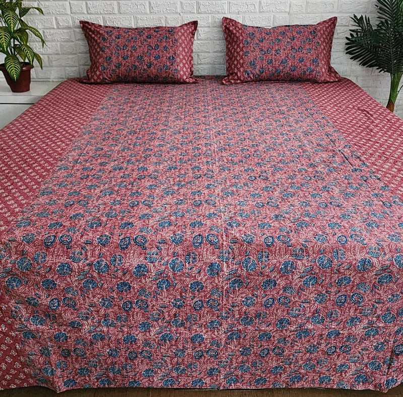 Blue and Red Floral Ajrakh Bedsheet