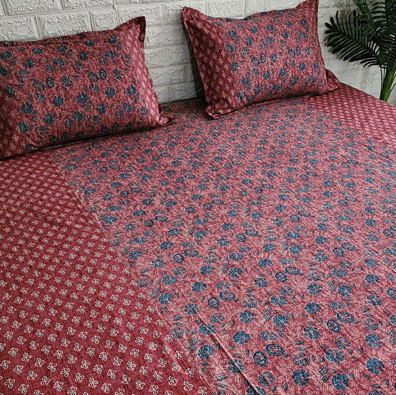 Blue and Red Floral Ajrakh Bedsheet