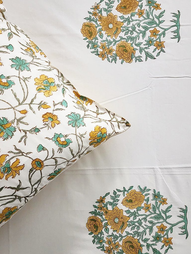 Yellow Florals - Percale Jaipuri Block Print Sheet Set