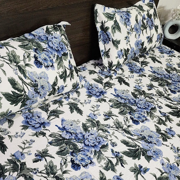 Blue and Green Floral Cotton Bedsheet