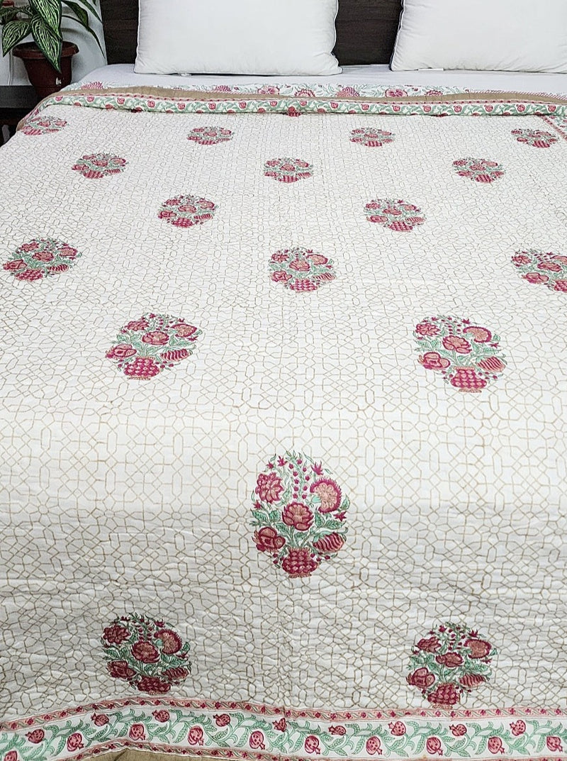 Maroon Floral Buta Single Hand Blocked Quilt