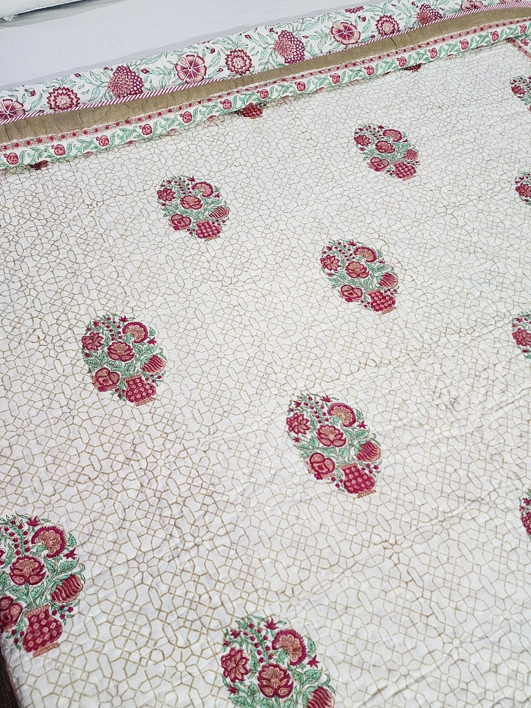 Maroon Floral Buta Single Hand Blocked Quilt