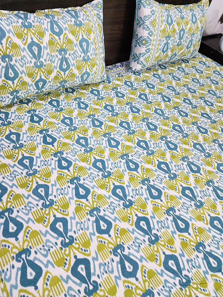 Yellow and Blue Ikat Print Bedsheet