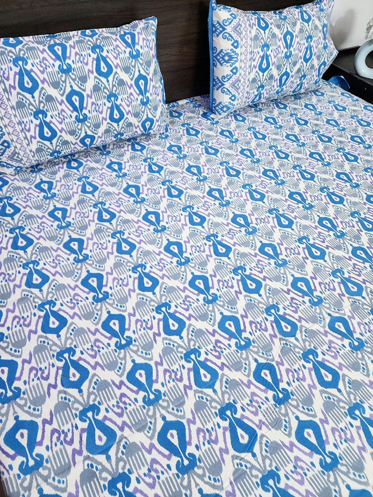 Calmness of Blue Ikat Print Bedsheet