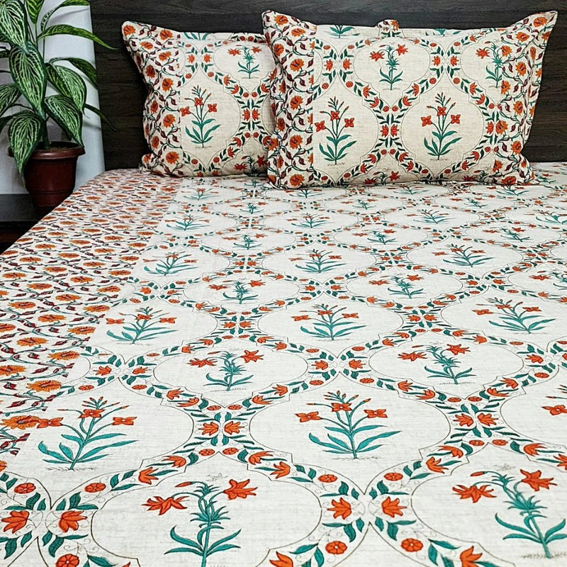 Beige and Red Floral Ajrakh Bedsheet