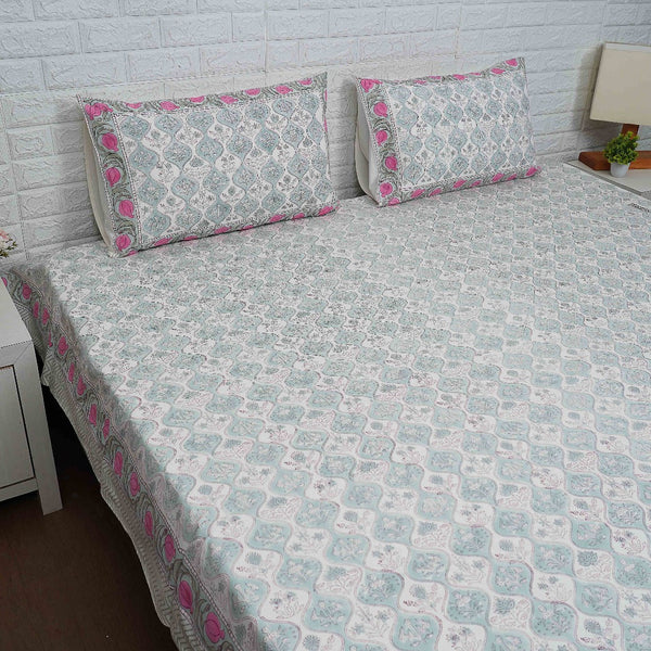 Turquoise with Pink Border Floral Jaal Blockprint Bedsheet