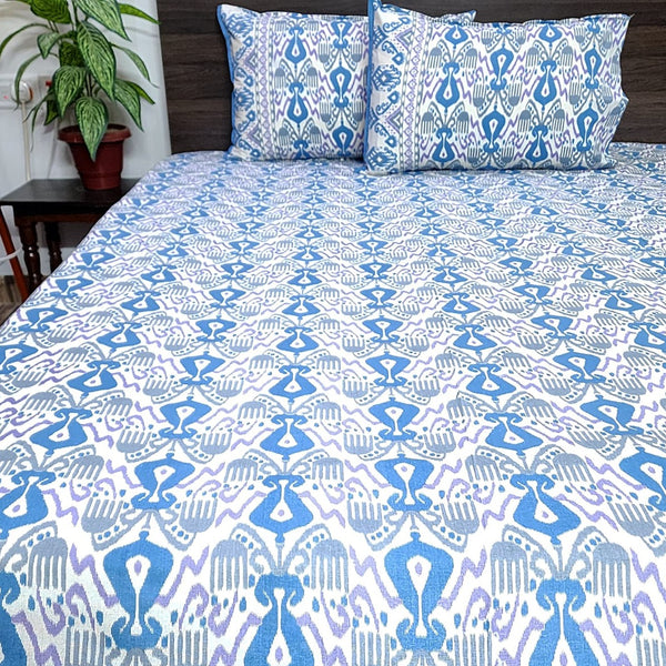 Calmness of Blue Ikat Print Bedsheet