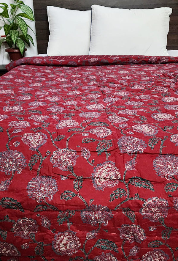 Red Hand Blocked Ajrakh Quilt