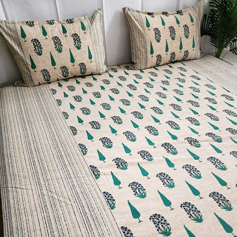 Beige and Green Cypress Print Ajrakh Bedsheet