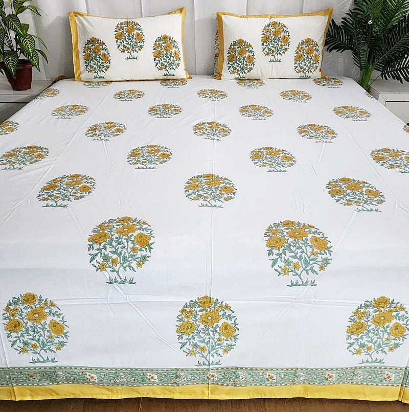 Yellow Florals - Percale Jaipuri Block Print Sheet Set