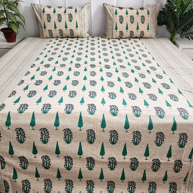 Beige and Green Cypress Print Ajrakh Bedsheet