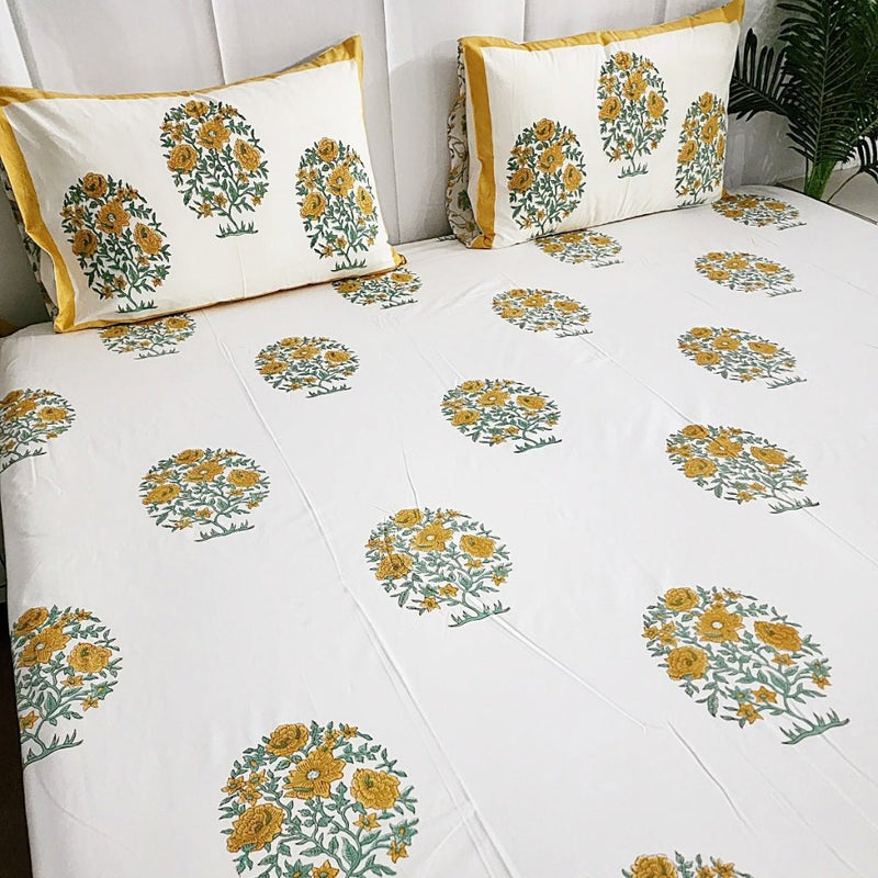 Yellow Florals - Percale Jaipuri Block Print Sheet Set