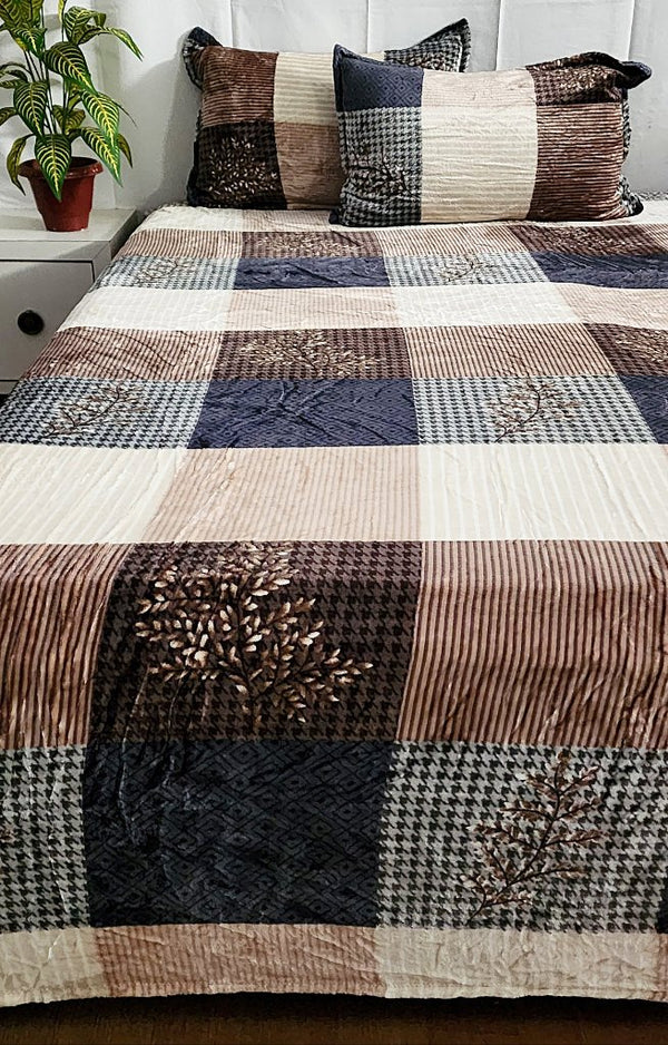 Brown and Blue Check Print Bedsheet super king