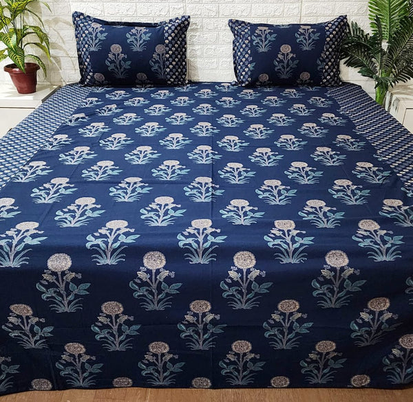 Blue Floral Motif Ajrakh Bedsheet