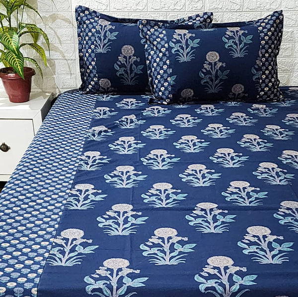 Blue Floral Motif Ajrakh Bedsheet