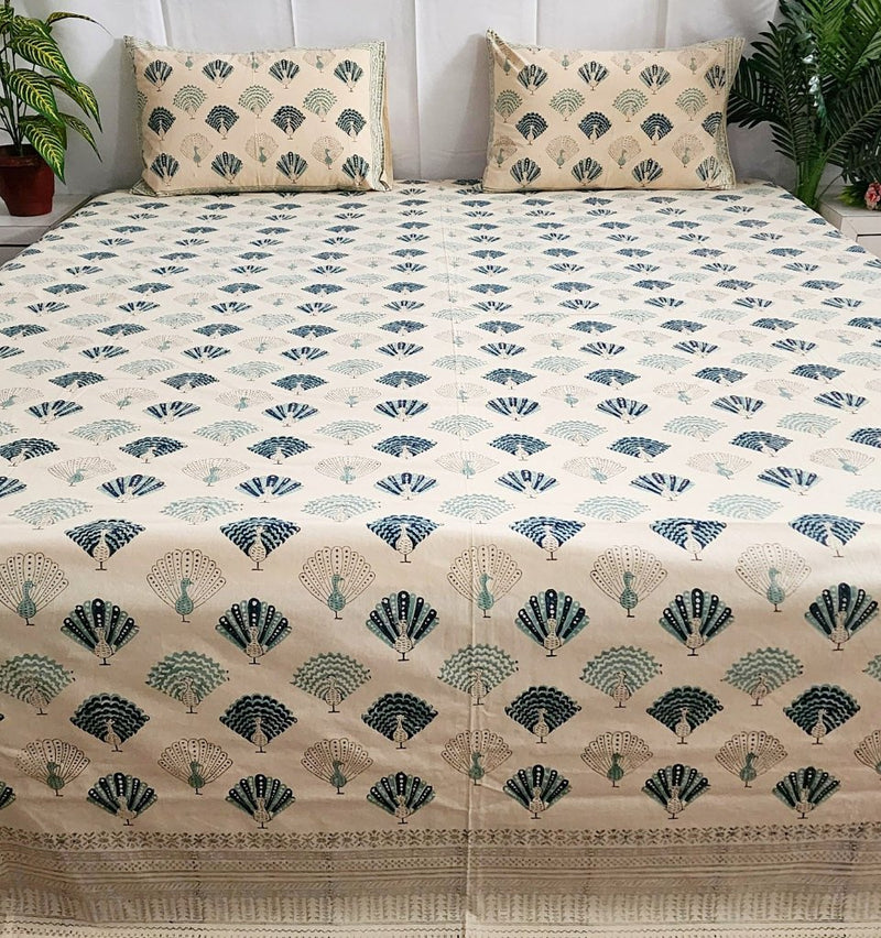 Beige Feather Print Blockprint Bedsheet