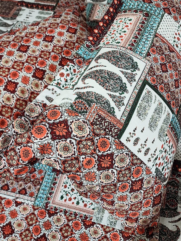 Patchwork Paisley Print Ajrakh Bedsheet