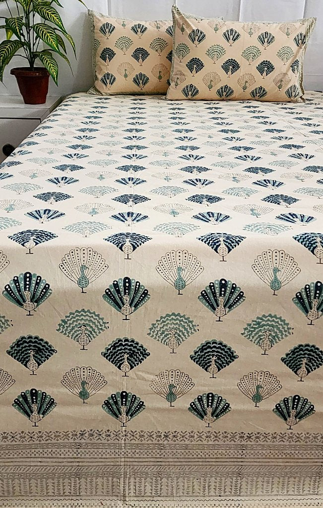 Beige Feather Print Blockprint Bedsheet