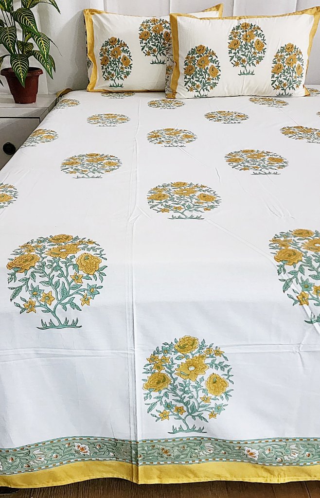 Yellow Florals - Percale Jaipuri Block Print Sheet Set