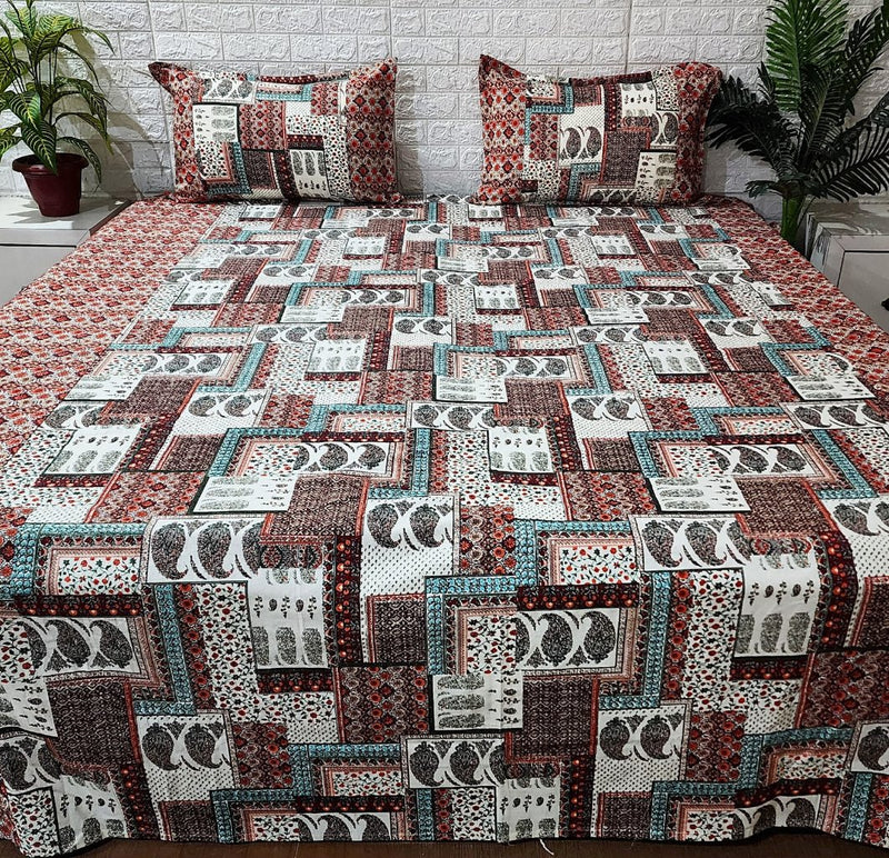 Patchwork Paisley Print Ajrakh Bedsheet