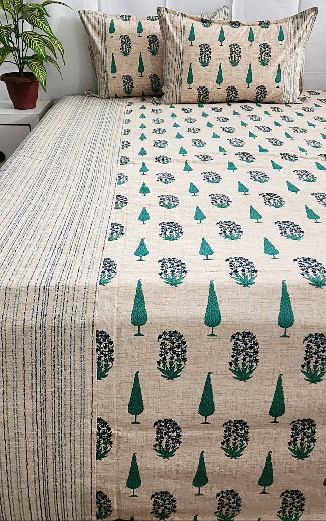 Beige and Green Cypress Print Ajrakh Bedsheet