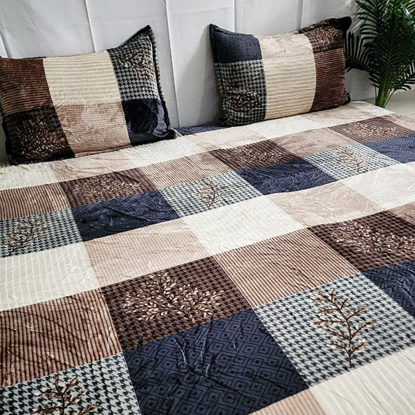 Brown and Blue Check Print Bedsheet super king