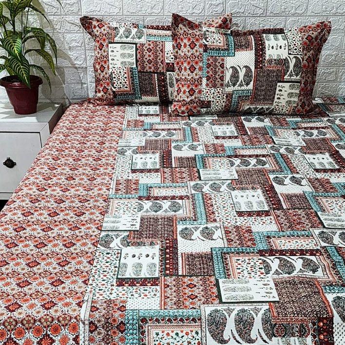 Patchwork Paisley Print Ajrakh Bedsheet