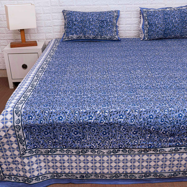 Blue Floral Ensemble Hand Blocked Quilt Bedding Set