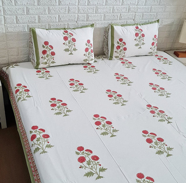 Red Roses Blockprint Bedsheet